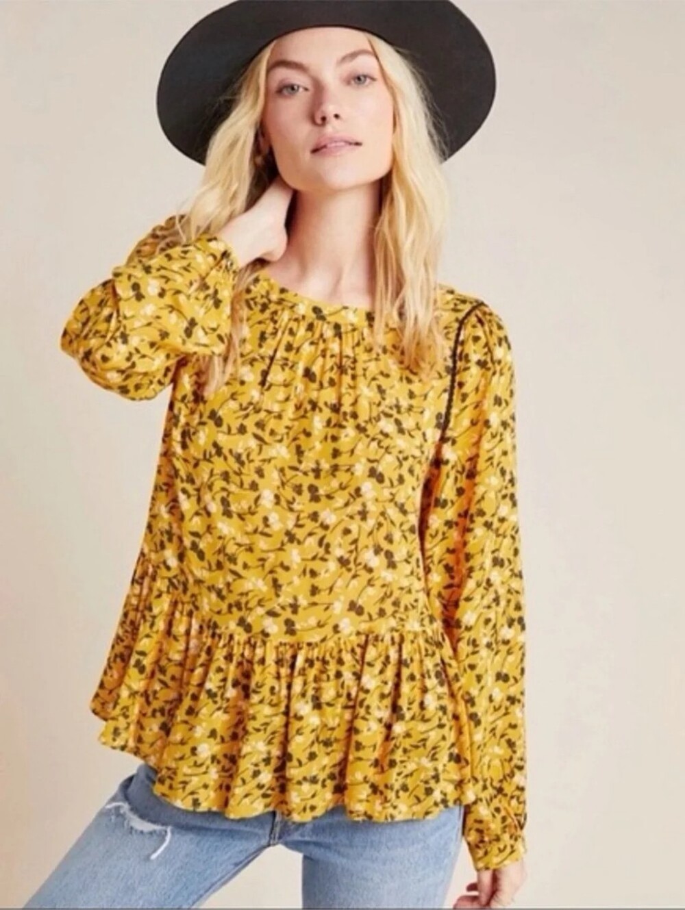 Anthropologie Maeve Yellow Mustard Cheyanne Floral Blouse Peplum Top